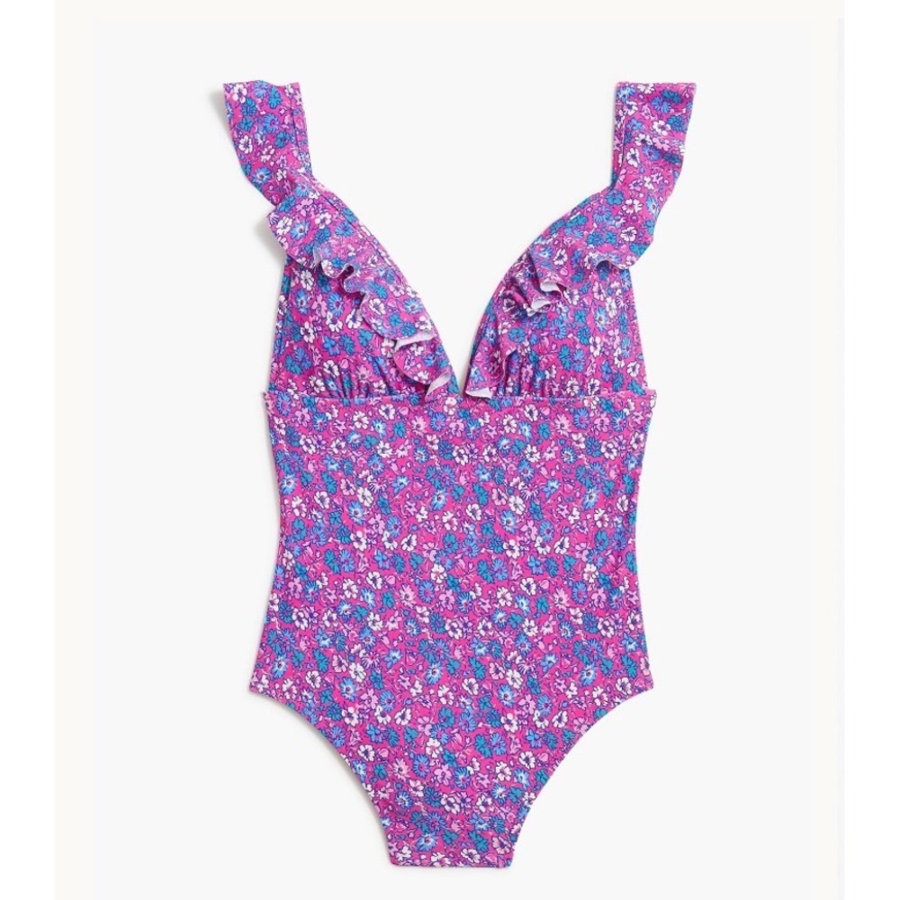 J.Crew Womens Floral Ruffle V-Neck One-Piece Swimsuit Pink BG218 Size M